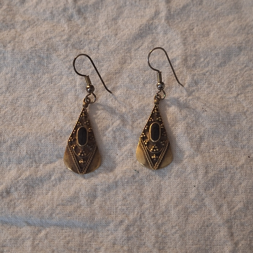 Brass and black stone earrings